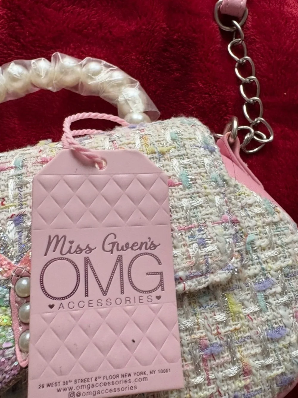 Kids Pink Tweed Butterfly Crossbody Bag with Pearl Handle